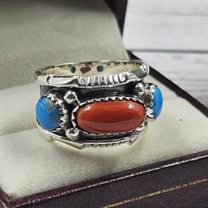 Italian Coral & Kingman Turquoise 925 Sterling Silver Southwest Ring (REXT4-22)