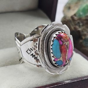 Pink Dahlia Turquoise Southwest Style 925 Silver Ring (RS56-71)
