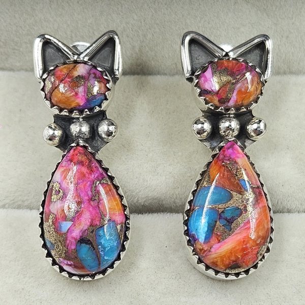 Pink Dahlia Turquoise 1.5â€³ Cat Studs 925 Silver Earring (RS26-105)
