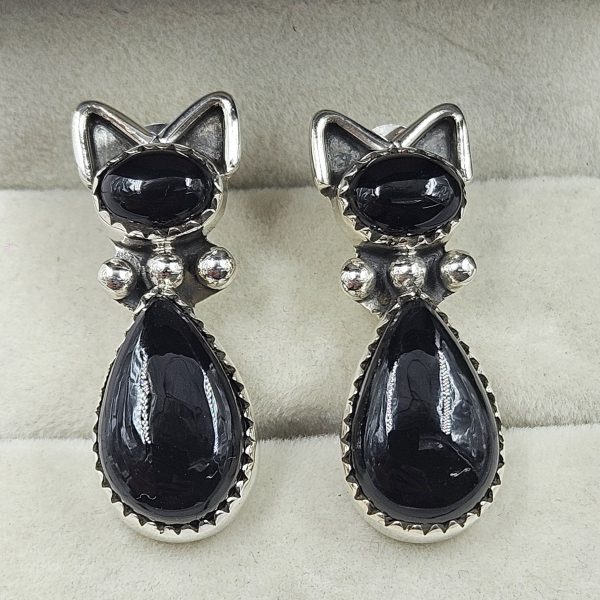 Black Onyx 1.5â€³ Cat Studs 925 Silver Earring (RS26-104)