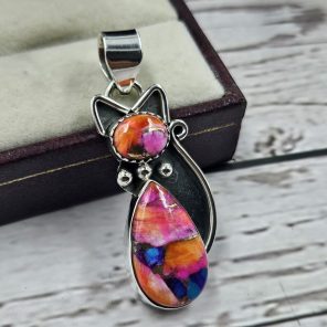 Pink Dahlia Turquoise 1.5â€³ Cat 925 Silver Pendant (RS26-111)