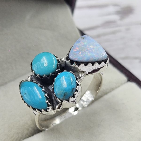 Australian Opal & Kingman Turquoise Southwest Style 925 Silver Ring (REXT13-38) - Image 2