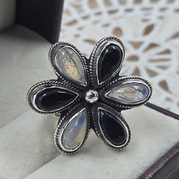 Black Onyx & Rainbow Moonstone 925 Sterling Silver Ring (REXT48-23) - Image 3