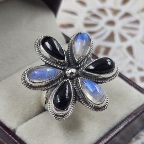 Black Onyx & Rainbow Moonstone 925 Sterling Silver Ring (REXT48-23)
