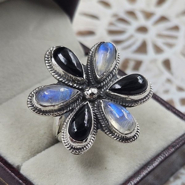 Black Onyx & Rainbow Moonstone 925 Sterling Silver Ring (REXT48-23)