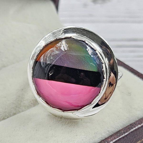 Aurora Opal, Onyx & Pink Composite 925 Sterling Silver Ring (RS11-166) - Image 2