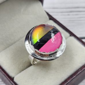 Aurora Opal, Onyx & Pink Composite 925 Sterling Silver Ring (RS11-166)