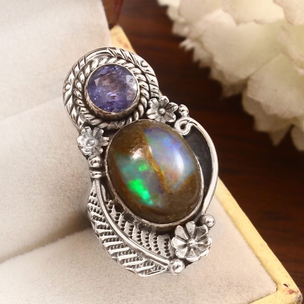 Galaxy Opal & Tanzanite Adjustable 925 Sterling Silver Ring (REXT76-137)