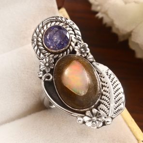 Galaxy Opal & Tanzanite Adjustable 925 Sterling Silver Ring (REXT76-138)