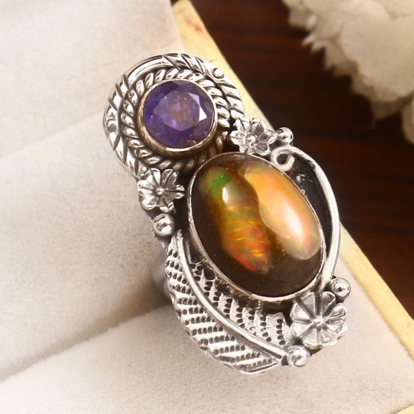 Galaxy Opal & Tanzanite Adjustable 925 Sterling Silver Ring (REXT76-139)