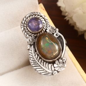 Galaxy Opal & Tanzanite Adjustable 925 Sterling Silver Ring (REXT76-140)