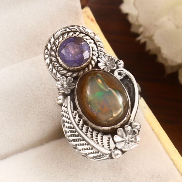 Galaxy Opal & Tanzanite Adjustable 925 Sterling Silver Ring (REXT76-140)