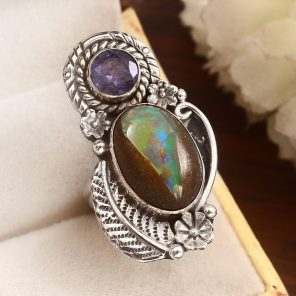 Galaxy Opal & Tanzanite Adjustable 925 Sterling Silver Ring (REXT76-143)