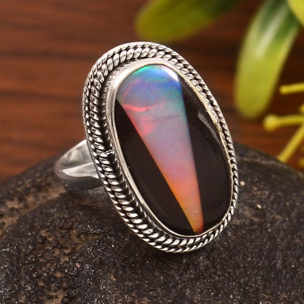 Aurora Opal & Composite Ring Size US 8 925 Sterling Silver Ring (REXT54-20)