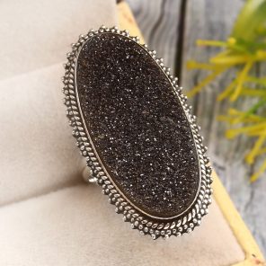 Black Sugar Druzy Size US 8 925 Sterling Silver Ring (REXT76-187)
