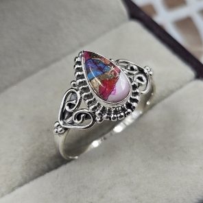 Dainty Pink Dahlia Turquoise 925 Sterling Silver Ring (REXT88-7)