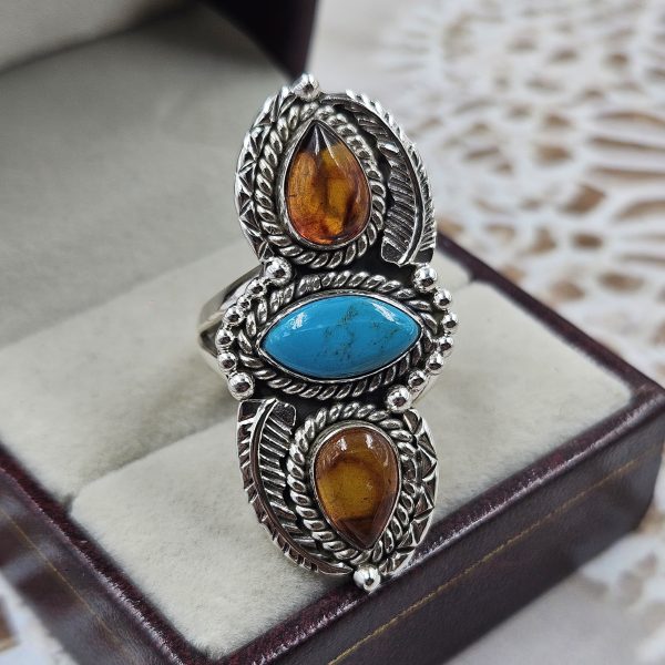 Amber & Kingman Turquoise 925 Sterling Silver Ring (RS41-381)