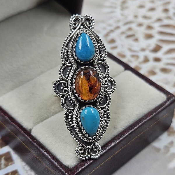 Amber & Kingman Turquoise 925 Sterling Silver Ring (RS41-388) - Image 2