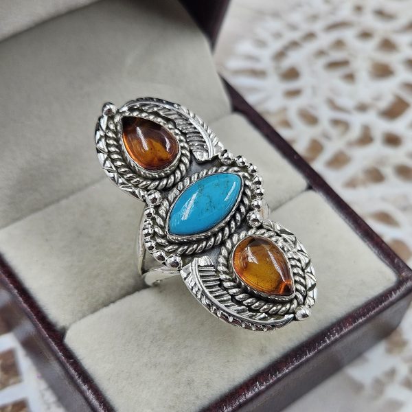 Amber & Kingman Turquoise 925 Sterling Silver Ring (RS41-381) - Image 2