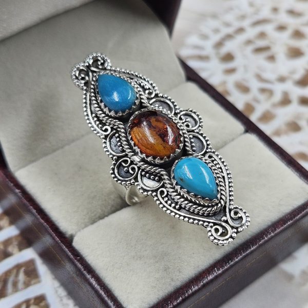 Amber & Kingman Turquoise 925 Sterling Silver Ring (RS41-388)