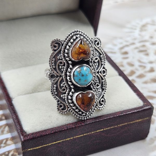 Amber & Kingman Turquoise 925 Sterling Silver Ring (RS41-387) - Image 2
