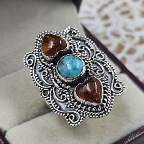 Amber & Kingman Turquoise 925 Sterling Silver Ring (RS41-387)