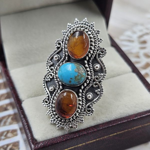 Amber & Kingman Turquoise 925 Sterling Silver Ring (RS41-386) - Image 2