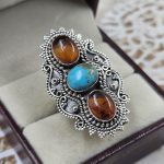Amber & Kingman Turquoise 925 Sterling Silver Ring (RS41-386)