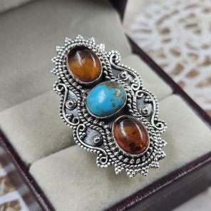 Amber & Kingman Turquoise 925 Sterling Silver Ring (RS41-386)