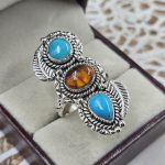 Amber & Kingman Turquoise 925 Sterling Silver Ring (RS41-385)
