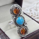 Amber & Kingman Turquoise 925 Sterling Silver Ring (RS41-382)