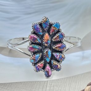 Pink Dahlia Turquoise 925 Sterling Silver Bangle Cuff (REXT81-5)