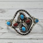 Kingman Turquoise & Italian Coral 925 Sterling Silver Bangle Cuff (REXT97-5)
