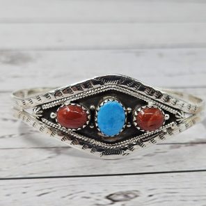 Kingman Turquoise & Italian Coral 925 Sterling Silver Bangle Cuff (REXT97-6)