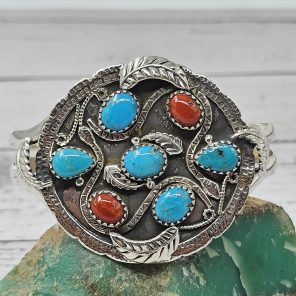 Kingman Turquoise & Italian Coral 925 Sterling Silver Bangle Cuff (REXT99-3)