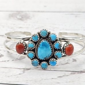 Kingman Turquoise & Italian Coral 925 Sterling Silver Bangle Cuff (REXT99-4)