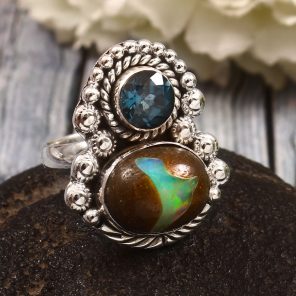 Galaxy Opal & London Blue Topaz Size US 7 925 Sterling Silver Ring (REXT76-239)