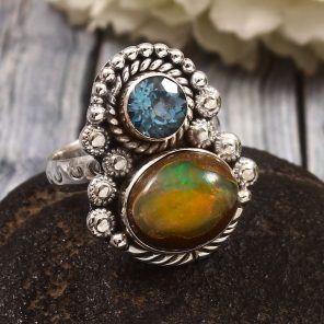Galaxy Opal & London Blue Topaz Size US 9 925 Sterling Silver Ring (REXT76-240)