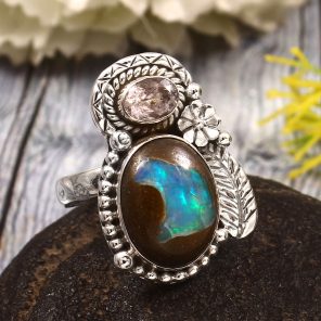 Galaxy Opal & Morganite Size US 10 925 Sterling Silver Ring (REXT76-229)