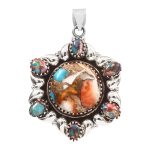 Pink Dahlia Turquoise & Spiny Oyster 1.5â€³ 925 Sterling Silver ClusterÂ Pendant (RS61-385)