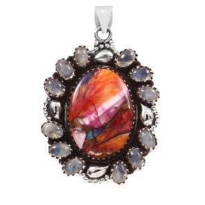 Pink Dahlia Turquoise & Rainbow Moonstone 1.5â€³ 925 Sterling Silver ClusterÂ Pendant (RS61-384)