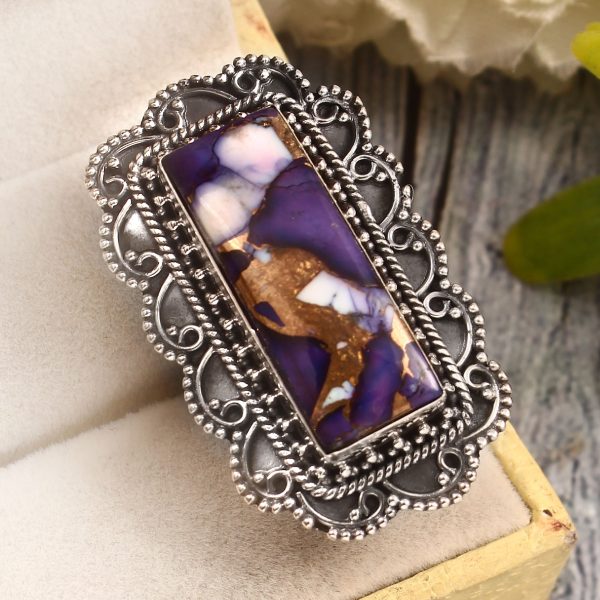 Purple Rose Dahlia Turquoise Size US 6 Sterling Silver 925 Ring (REXT72-283)