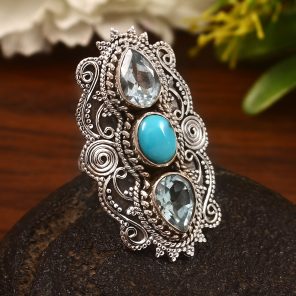 Blue Topaz & Kingman Turquoise Size US 6 Sterling Silver 925 Ring (REXT86-19)