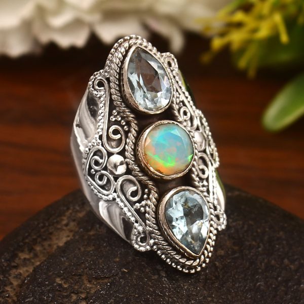 Ethiopian Opal & Blue Topaz Size US 8 Sterling Silver 925 Ring (REXT86-80)