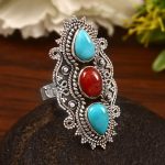 Coral & Kingman Turquoise Size US 10 Sterling Silver 925 Ring (REXT86-76)