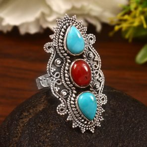 Coral & Kingman Turquoise Size US 10 Sterling Silver 925 Ring (REXT86-76)