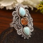 Sunstone & Larimar Size US 9 Sterling Silver 925 Ring (REXT86-60)