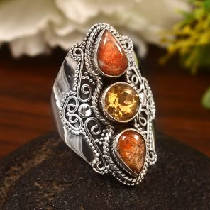Sunstone & Citrine Size US 9 Sterling Silver 925 Ring (REXT86-48)