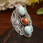 Sunstone & Larimar Size US 7 Sterling Silver 925 Ring (REXT86-58)
