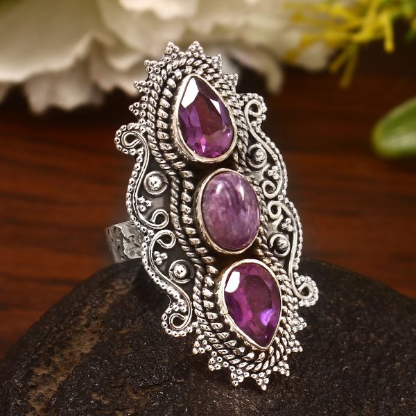 Charoite & Amethyst Size US 7 Sterling Silver 925 Ring (REXT86-67)